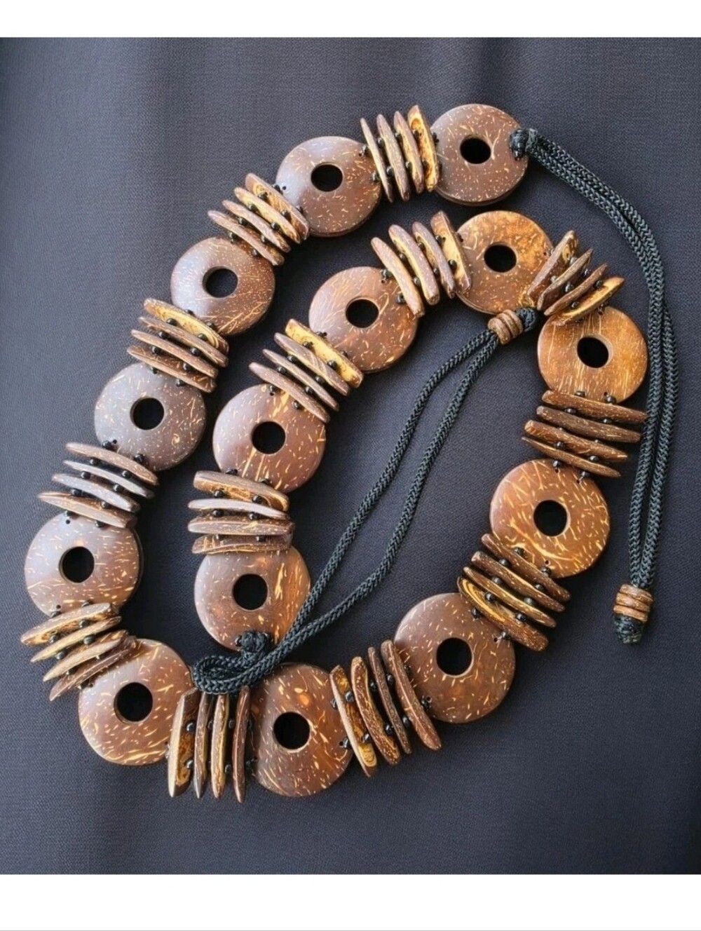 Vintage Boho Coconut Shell Disc Belt Brown Ring Beaded Cord Tie Adjustable 53"